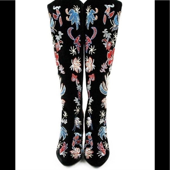 YSL SAINT LAURENT AUTHENTIC FULLY BEADED VELVET KNEE HIGH BOOTS SIZE 7.5 NEW!! - Picture 5 of 15